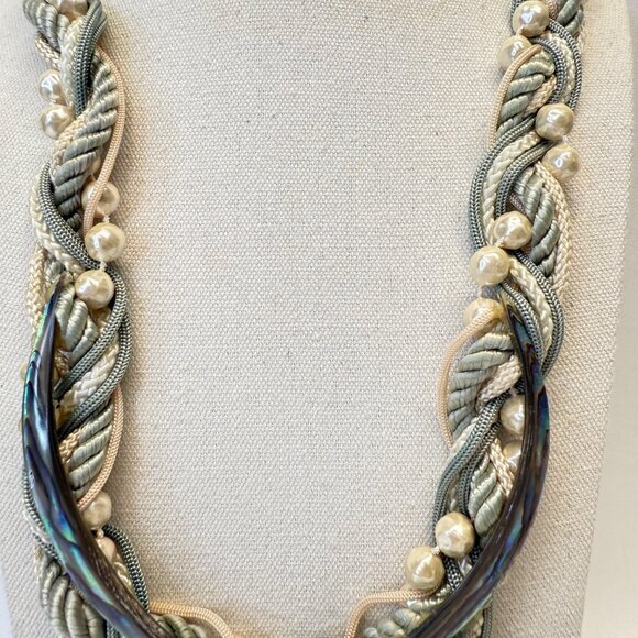 Abalone & Pearl‎ Corded Statement Necklace Natural Coastal Handmade Art to Wear - Picture 8 of 16